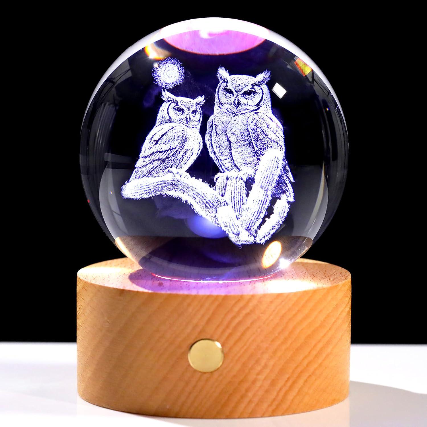 3D Laser Engraved Owl Crystal Ball, LED Night Light (3.15in)