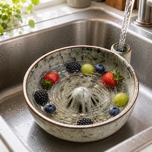 May include: A round, speckled ceramic bowl with a central raised dome and a small side spout, filled with water and fresh fruit including strawberries, blackberries, and green grapes, sitting in a stainless steel kitchen sink under a running faucet.