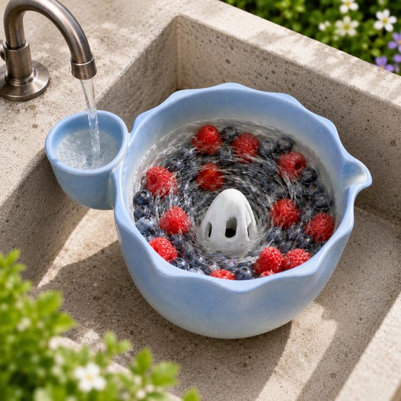 ケン・ドーン　『Fruit Bowl』 シルクスクリーン 134/250 Ceramic Berry Washing Bowl, Water Powered Swirl Colander, Handmade