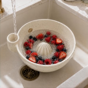 May include: A speckled cream ceramic bowl with a built-in central reamer and a side handle, filled with water, fresh strawberries, and blueberries. The bowl is positioned under a running faucet, creating a functional fruit washing station.