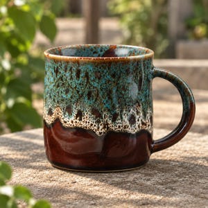 May include: A ceramic mug featuring a reactive glaze with a deep brown base that transitions into a speckled white band and a vibrant turquoise top. The mug has a smooth, cylindrical body and a curved handle, showcasing a glossy finish throughout.