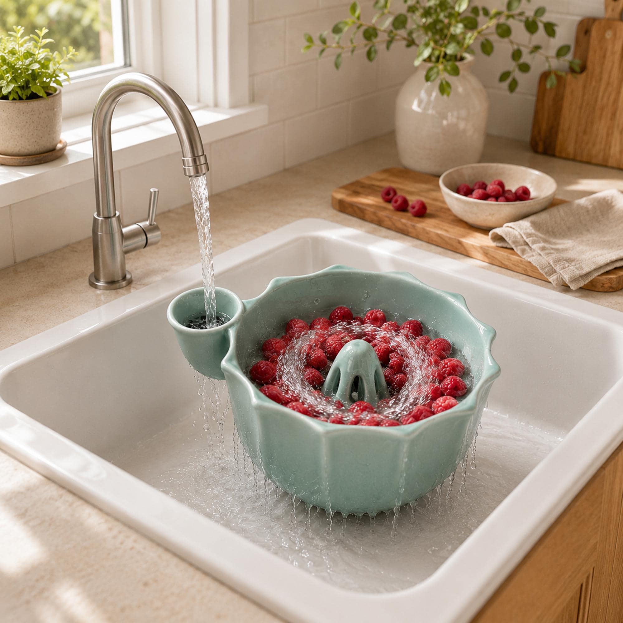 Ceramic Berry Washing Bowl, Water Powered Swirl Colander, Handmade