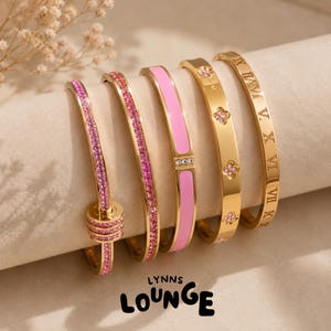 Pink Gold Bangle Bracelet Set Crystal Enamel Bracelet Stackable Bracelet Floral Charm Bracelet Fashion Jewelry Gift for Her