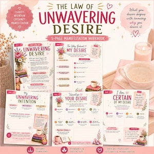 Può includere: Un quaderno di esercizi di manifestazione di 5 pagine intitolato The Law of Unwavering Desire. Ogni pagina presenta illustrazioni floreali, suggerimenti per impostare le intenzioni e sezioni per scrivere i desideri, incluse le pagine intitolate My Unwavering Intention e Visualize Your Desire.