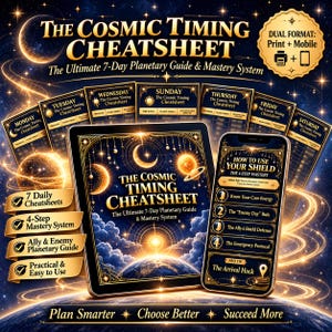 May include: The Cosmic Timing Cheatsheet digital guide features a 7-day planetary system displayed on a tablet and smartphone. The dark blue design includes gold celestial graphics, stars, and text detailing a 4-step mastery system.