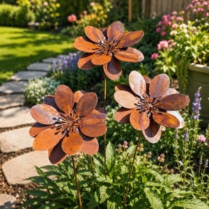 May include: Three metal garden stakes featuring large, rust-coloured flower heads with layered, rounded petals and detailed centres. Each flower is mounted on a thin, straight metal stem, creating a sculptural display of weathered brown iron.