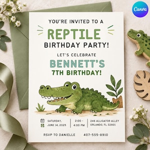 Mall för inbjudan till reptilfödelsedag, inbjudan till fest med ormödla, födelsedag för möte med djur i zoo, redigerbar Canvas-inbjudan, direktnedladdning