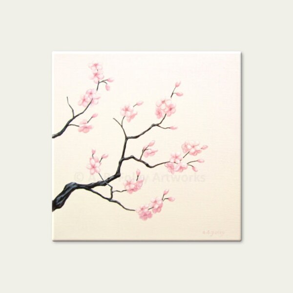 Cherry Blossom Painting: Pink Cherry Blossom Art on Canvas. Sakura Home Decor, Spring Decor, Pink and Cream Art, Original Acrylic 10" X 10"