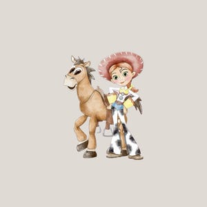 May include: A watercolor-style illustration of a cowgirl character with red hair, a red hat, a yellow shirt, and white pants with black cow-print spots, standing next to a light brown horse with a dark mane and a saddle on its back.