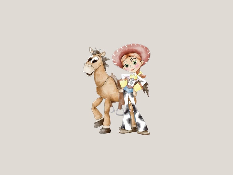 May include: A watercolor-style illustration of a cowgirl character with red hair, a red hat, a yellow shirt, and white pants with black cow-print spots, standing next to a light brown horse with a dark mane and a saddle on its back.