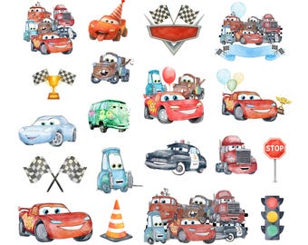 Blitz McQueen Aquarell Autos PNG Bundle, Blitz McQueen Aquarell, Autos PNG, Mater PNG, süße Fahrzeuge Digital Kit, Instant Download