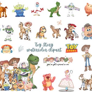 May include: A collection of watercolor illustrations featuring Toy Story characters including Woody, Buzz Lightyear, Jessie, Bullseye, Rex, Slinky Dog, Mr. Potato Head, Hamm, and Lotso. The text reads Toy Story watercolor clipart and you've got a friend in me.