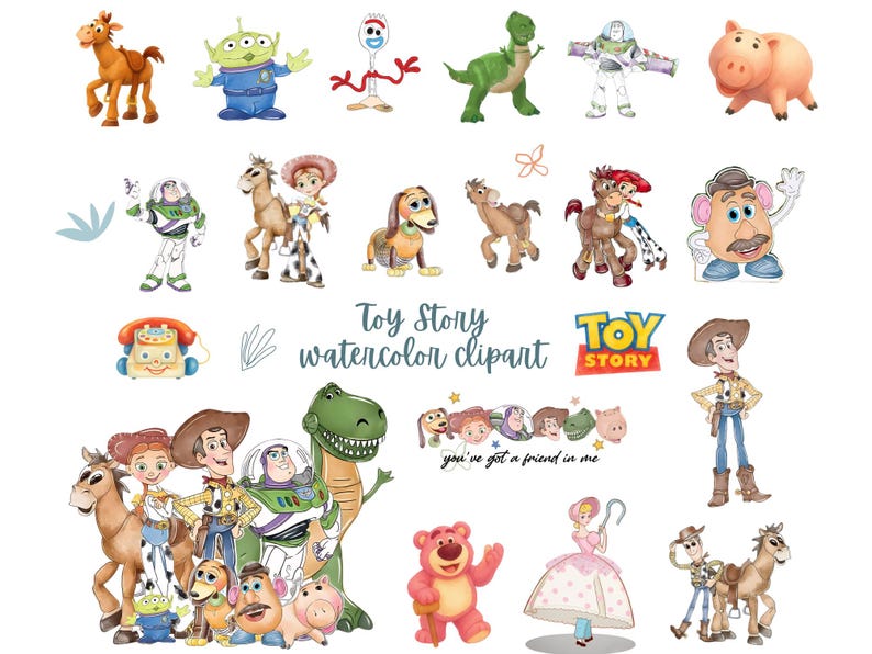 May include: A collection of watercolor illustrations featuring Toy Story characters including Woody, Buzz Lightyear, Jessie, Bullseye, Rex, Slinky Dog, Mr. Potato Head, Hamm, and Lotso. The text reads Toy Story watercolor clipart and you've got a friend in me.