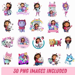Può includere: Una collezione di 30 immagini PNG digitali raffiguranti una ragazza dei cartoni animati con capelli scuri ricci e cerchietti con orecchie da gatto, accompagnata da vari personaggi gatto colorati in diverse pose, abiti e ambientazioni.