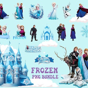 Peut inclure: Une collection num&eacute;rique de personnages de Frozen incluant Elsa, Anna, Kristoff, Olaf et Sven, avec un ch&acirc;teau de glace bleu, des flocons de neige et le texte Happy Birthday et Frozen PNG Bundle sur un fond bleu clair.