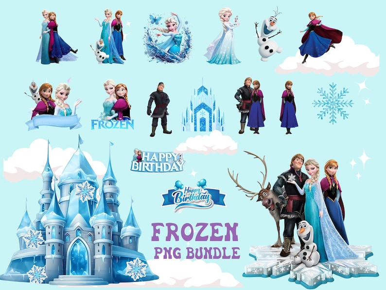 Peut inclure: Une collection num&eacute;rique de personnages de Frozen incluant Elsa, Anna, Kristoff, Olaf et Sven, avec un ch&acirc;teau de glace bleu, des flocons de neige et le texte Happy Birthday et Frozen PNG Bundle sur un fond bleu clair.