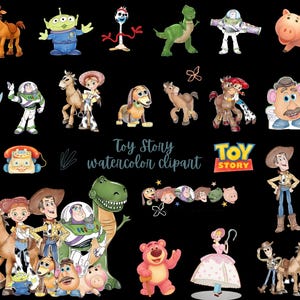 May include: A collection of watercolor illustrations featuring characters from Toy Story, including Woody, Buzz Lightyear, Jessie, Rex, Slinky Dog, Mr. Potato Head, Hamm, Bullseye, Forky, and Lotso. The text Toy Story watercolor clipart is included.