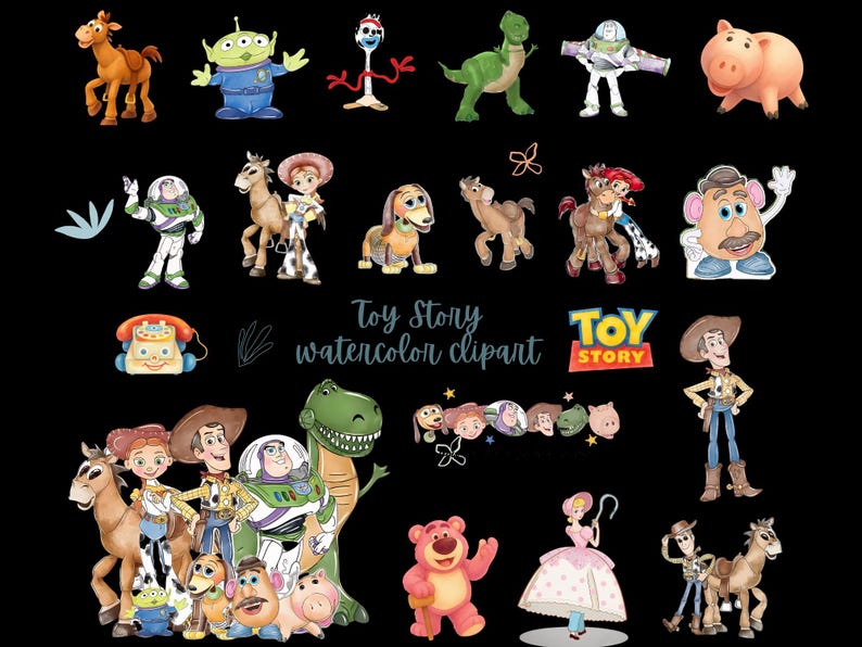 May include: A collection of watercolor illustrations featuring characters from Toy Story, including Woody, Buzz Lightyear, Jessie, Rex, Slinky Dog, Mr. Potato Head, Hamm, Bullseye, Forky, and Lotso. The text Toy Story watercolor clipart is included.