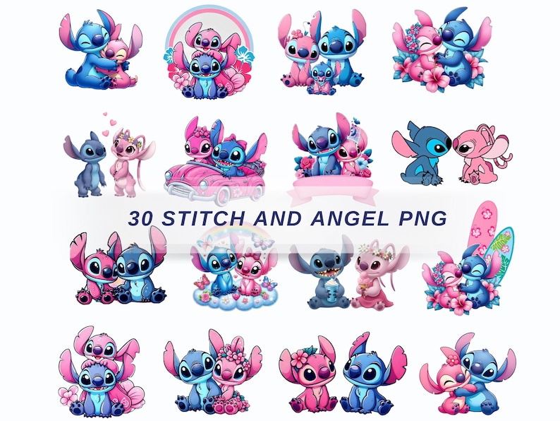 May include: A collection of 30 digital illustrations featuring the blue character Stitch and the pink character Angel in various poses, including hugging, driving a pink car, and surrounded by flowers, with the text 30 STITCH AND ANGEL PNG.