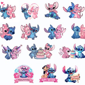 May include: A collection of cartoon stickers featuring blue and pink alien characters in various poses, including hugging, wearing party hats, celebrating with birthday cakes, and holding signs that read Happy Birthday with floral accents.