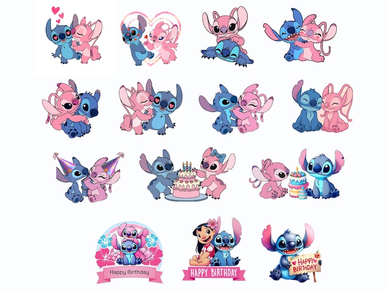 May include: A collection of cartoon stickers featuring blue and pink alien characters in various poses, including hugging, wearing party hats, celebrating with birthday cakes, and holding signs that read Happy Birthday with floral accents.
