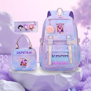 17 Inch Demon Hunters Kpop Laptop Backpack Set, Complete 3 Piece School Kit with Insulated Lunch Tote & Pen Bag
