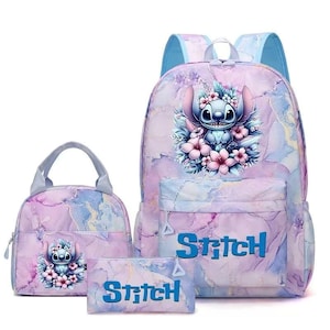 May include: A backpack, lunch bag, and pencil case set featuring a pastel purple, blue, and pink marble pattern. Each item displays a graphic of the character Stitch surrounded by pink and blue flowers. The text Stitch is printed in blue.