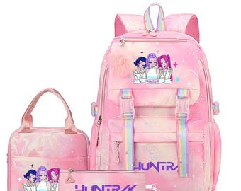 Set di 3 zaini K-pop Demon Hunters, zaino scolastico da 17 pollici con borsa termica per il pranzo e astuccio per adolescenti.