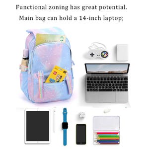 May include: A pastel blue and pink tie-dye backpack with star patterns, featuring a front pocket with two buckle straps. Text reads: Functional zoning has great potential. Main bag can hold a 14-inch laptop; accompanied by a laptop, tablet, game controller, watch, phone, and colored pencils.