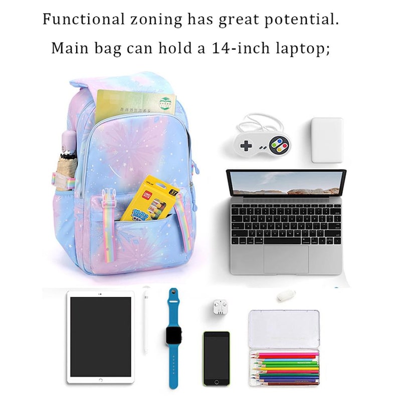 May include: A pastel blue and pink tie-dye backpack with star patterns, featuring a front pocket with two buckle straps. Text reads: Functional zoning has great potential. Main bag can hold a 14-inch laptop; accompanied by a laptop, tablet, game controller, watch, phone, and colored pencils.