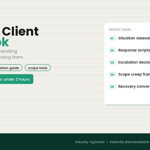 May include: A digital document titled Difficult Client Playbook by Tendo, featuring a list of contents including a situation assessment matrix, response scripts, escalation decision tree, scope creep framework, and a recovery conversation guide.