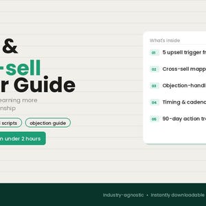 Könnte beinhalten: Ein digitaler Leitfaden mit dem Titel Upsell & Cross-sell Trigger Guide von Tendo. Das Dokument enthält fünf Trigger-Frameworks, ein Cross-Selling-Mapping-Tool, einen Leitfaden zur Einwandbehandlung, ein Timing-System und einen 90-Tage-Aktions-Tracker. Das Design ist weiß und grün mit einem Preis von 17 USD.