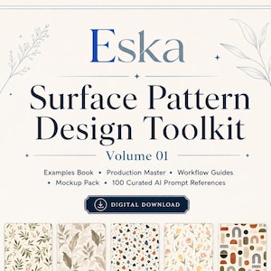 Puede incluir: Una descarga digital titulada Eska Surface Pattern Design Toolkit Volume 01, que incluye un libro de ejemplos, master de producción, guías de flujo de trabajo, paquete de maquetas y 100 referencias de prompts de IA, con diez patrones variados.