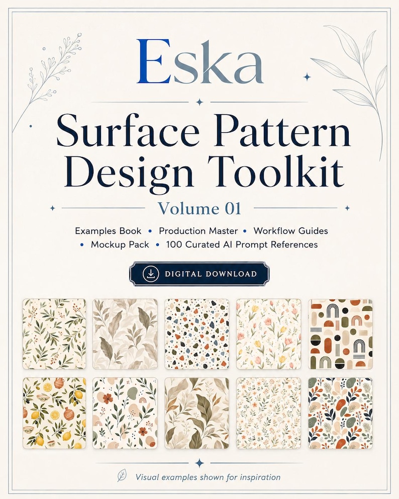 May include: A digital download titled Eska Surface Pattern Design Toolkit Volume 01, featuring an examples book, production master, workflow guides, mockup pack, and 100 AI prompt references, displayed with ten varied botanical and geometric patterns.