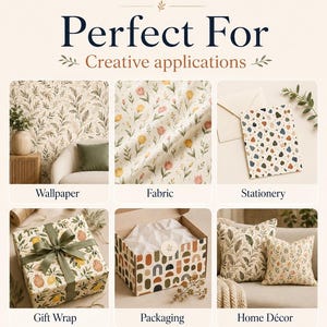 May include: A digital display titled Eska Perfect For Creative applications featuring six panels showing patterns on wallpaper, fabric, stationery, gift wrap, packaging, and home decor, with the text 100 PREMIUM SURFACE PATTERN PROMPTS at the bottom.