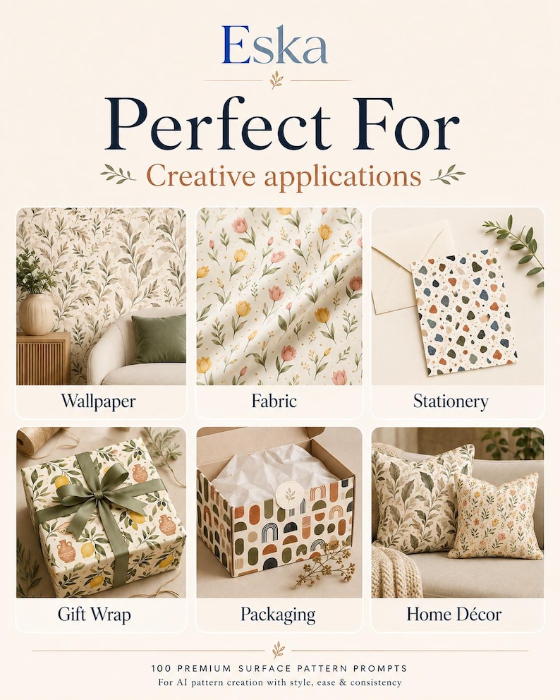 May include: A digital display titled Eska Perfect For Creative applications featuring six panels showing patterns on wallpaper, fabric, stationery, gift wrap, packaging, and home decor, with the text 100 PREMIUM SURFACE PATTERN PROMPTS at the bottom.