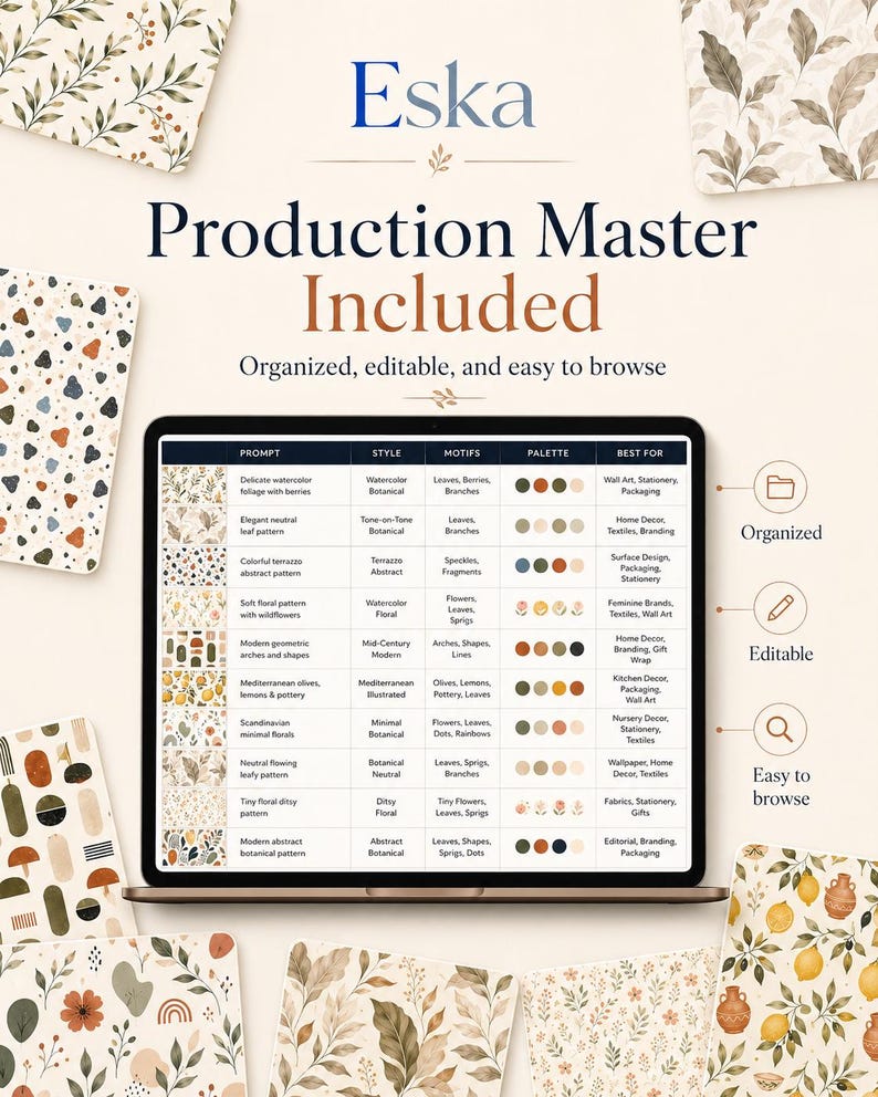 May include: A digital display showing a table titled Eska Production Master Included, featuring columns for prompt, style, motifs, palette, and best for. The screen is surrounded by various patterned swatches including botanical, terrazzo, and geometric designs.