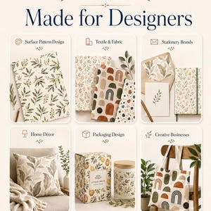 May include: A promotional graphic titled Eska Made for Designers featuring six panels displaying surface patterns on paper, fabric, stationery, a pillow, a candle box, and a tote bag, with text labels for various design applications.