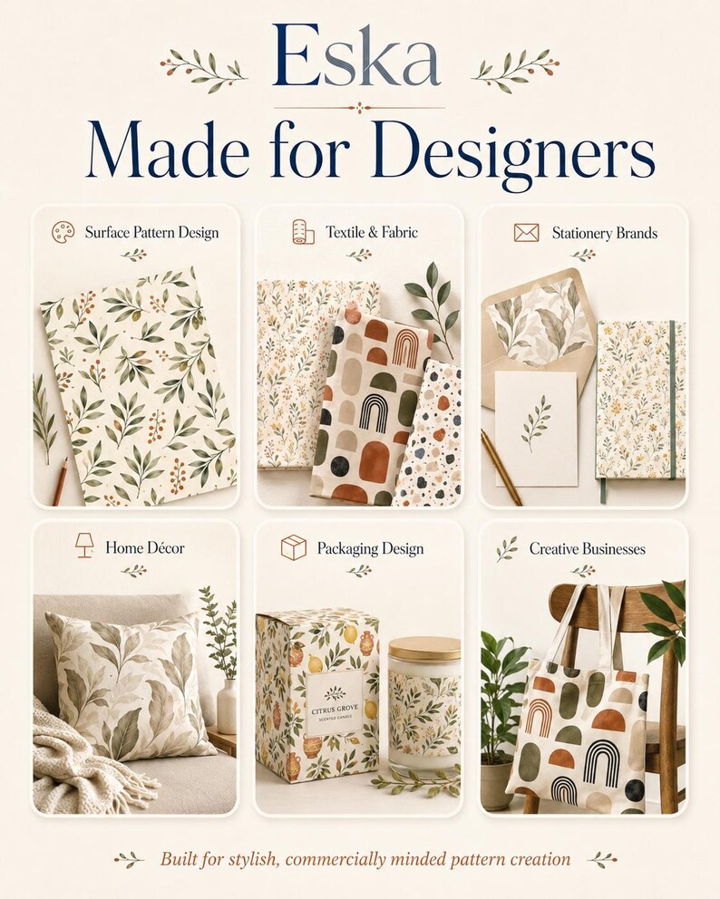 May include: A promotional graphic titled Eska Made for Designers featuring six panels displaying surface patterns on paper, fabric, stationery, a pillow, a candle box, and a tote bag, with text labels for various design applications.