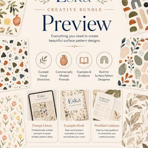May include: The Eska Creative Bundle Preview features a digital collection for surface pattern design. It includes a prompt library, an examples book, and workflow guidance, surrounded by various floral, abstract, and geometric pattern swatches.