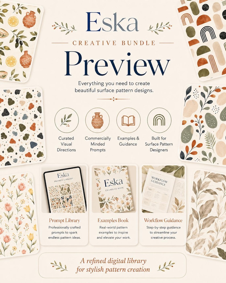 May include: The Eska Creative Bundle Preview features a digital collection for surface pattern design. It includes a prompt library, an examples book, and workflow guidance, surrounded by various floral, abstract, and geometric pattern swatches.