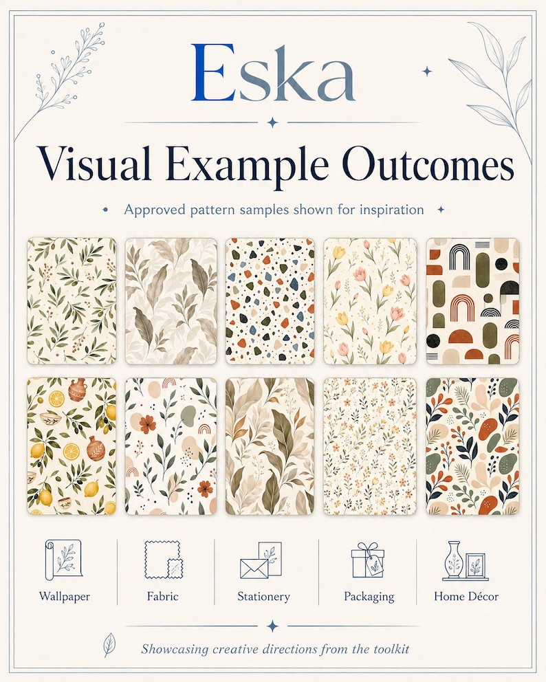 May include: A rectangular informational graphic titled Eska Visual Example Outcomes, featuring ten distinct rectangular pattern swatches with botanical, geometric, and abstract motifs. Below, five icons represent wallpaper, fabric, stationery, packaging, and home d&eacute;cor.