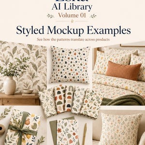 May include: A collection of mockups featuring Eska AI Library Volume 01, displaying various patterns on items including a throw pillow, bedding, gift wrap, and stationery. The designs incorporate botanical, geometric, and abstract motifs.