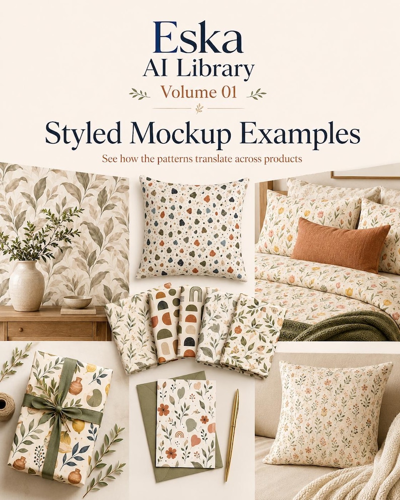 May include: A collection of mockups featuring Eska AI Library Volume 01, displaying various patterns on items including a throw pillow, bedding, gift wrap, and stationery. The designs incorporate botanical, geometric, and abstract motifs.