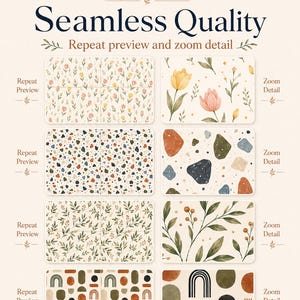 May include: A digital display titled Eska Seamless Quality showing four distinct patterns with repeat previews and zoom details. The designs include floral motifs, a multi-colored terrazzo stone pattern, green leafy branches, and geometric shapes.