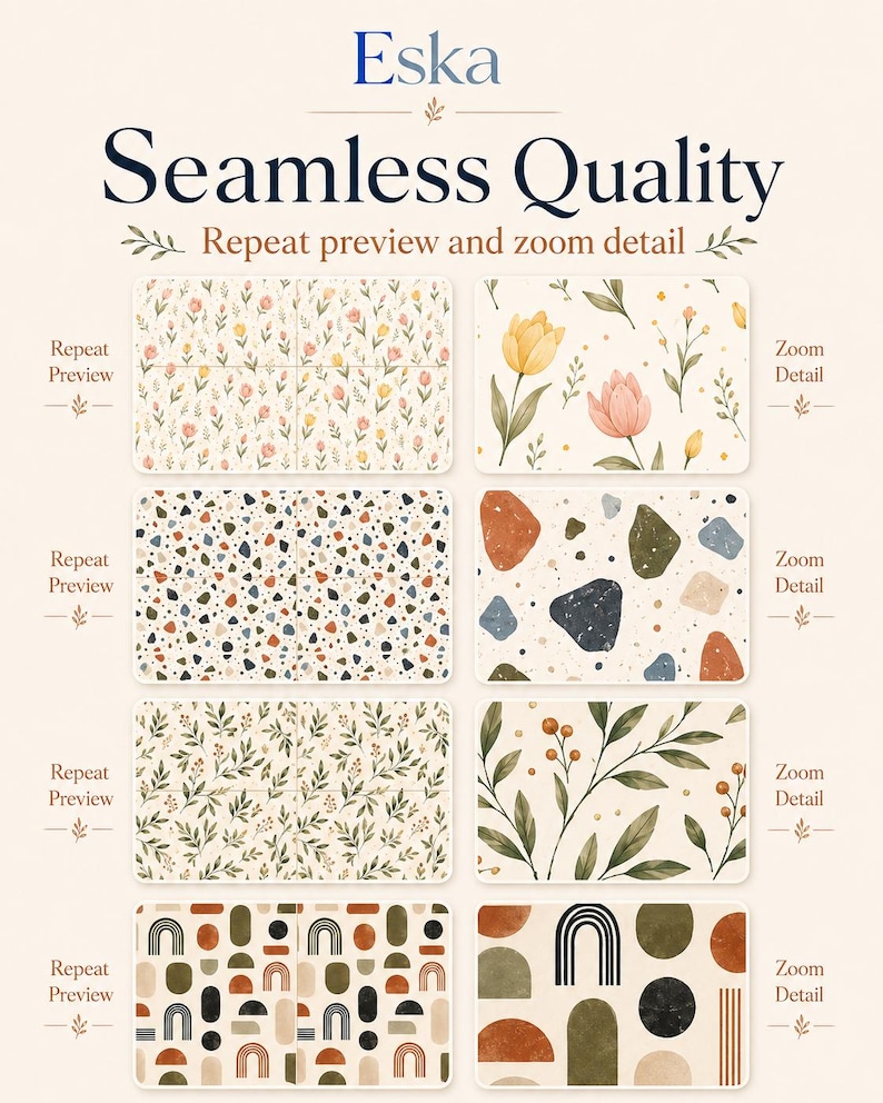 May include: A digital display titled Eska Seamless Quality showing four distinct patterns with repeat previews and zoom details. The designs include floral motifs, a multi-colored terrazzo stone pattern, green leafy branches, and geometric shapes.