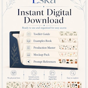 May include: A digital product listing titled Eska Instant Digital Download featuring a dark blue file organizer holding five labeled tabs: Toolkit Guide, Examples Book, Production Master, Mockup Pack, and Prompt References, with five decorative pattern swatches below.