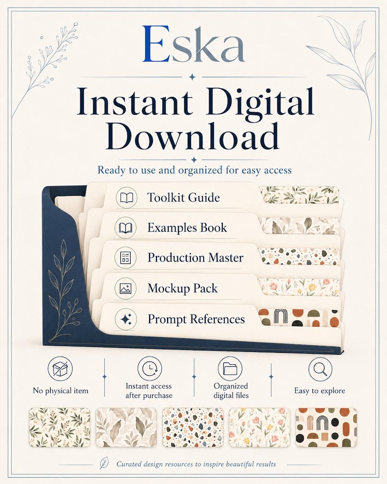 May include: A digital product listing titled Eska Instant Digital Download featuring a dark blue file organizer holding five labeled tabs: Toolkit Guide, Examples Book, Production Master, Mockup Pack, and Prompt References, with five decorative pattern swatches below.