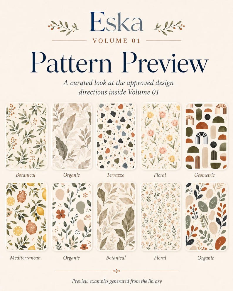 May include: A digital display titled Eska Volume 01 Pattern Preview featuring ten rectangular swatches with various designs including botanical leaves, terrazzo shapes, floral arrangements, geometric arches, and Mediterranean motifs on a cream background.