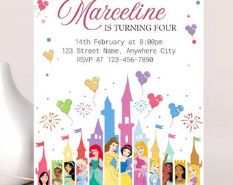 All Princesses Girl Invite, Mickey Head Balloons Party, Editable Template, Printable Digital Invite